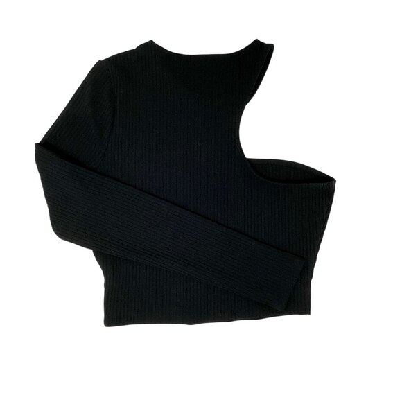 BAR III Women's Deep Black‎ One Shoulder Long Sleeve Ribbed Crop Top Medium - Picture 4 of 9